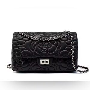 Camellia Est. $485 Sheep Skin Camellia Leather Black Quilted Chain Shoulder Bag
